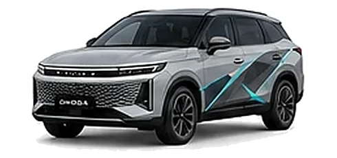 Omoda Omoda 9 in Galena Silver with custom vinyl graphics, front three-quarter view.