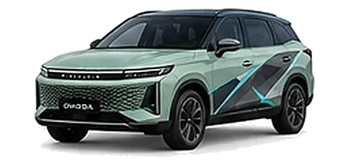 Omoda Omoda 9 in Jade Green with custom vinyl graphics, front three-quarter view.