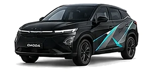Omoda Omoda E5 in Obsidian Black with custom vinyl graphics, front three-quarter view.