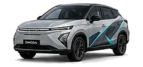 Omoda Omoda E5 in Galena Silver with custom vinyl graphics, front three-quarter view.