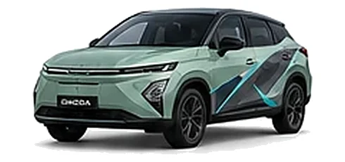 Omoda Omoda E5 in Jade Green with custom vinyl graphics, front three-quarter view.