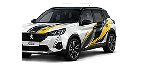 Peugeot 2008 in Okenite White with custom vinyl graphics, front three-quarter view.