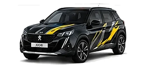 Peugeot 2008 in Nera Black with Peugeot sport-inspired vinyl graphics, front three-quarter view on a white background.