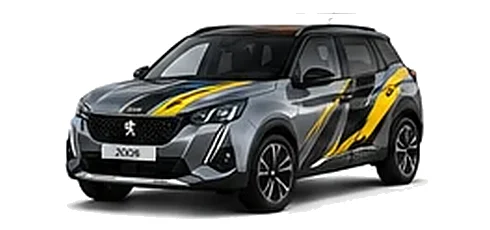 Peugeot 2008 in Selenium Grey with custom vinyl graphics, front three-quarter view.
