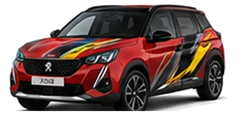 Peugeot 2008 in Elixir Red with custom vinyl graphics, front three-quarter view.