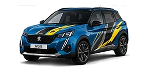 Peugeot 2008 in Lagoa Blue with custom vinyl graphics, front three-quarter view.