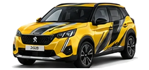 Peugeot 2008 in Agueda Yellow with custom vinyl graphics, front three-quarter view.