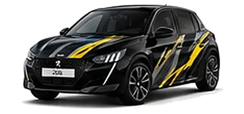 Peugeot 208 in Nera Black with Peugeot sport-inspired vinyl graphics, front three-quarter view on a white background.