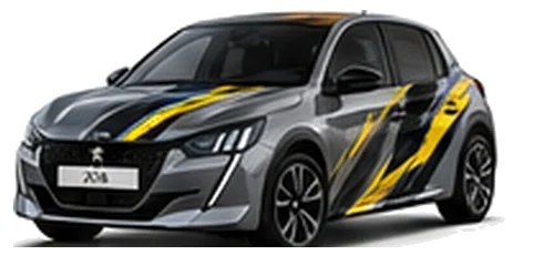Peugeot 208 in Selenium Grey with custom vinyl graphics, front three-quarter view.