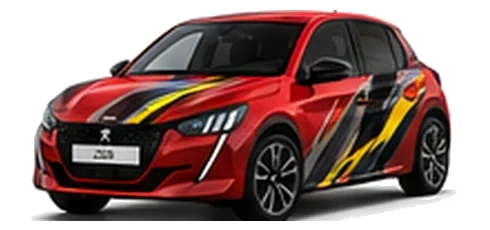 Peugeot 208 in Elixir Red with custom vinyl graphics, front three-quarter view.