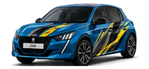 Peugeot 208 in Lagoa Blue with custom vinyl graphics, front three-quarter view.