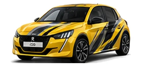 Peugeot 208 in Agueda Yellow with custom vinyl graphics, front three-quarter view.