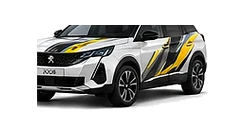 Peugeot 3008 in Okenite White with custom vinyl graphics, front three-quarter view.