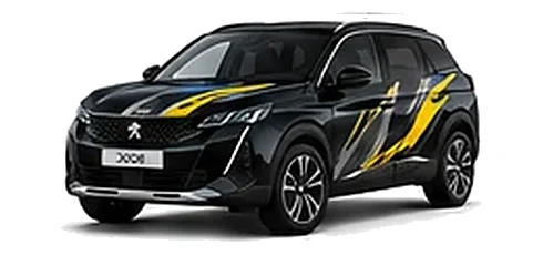 Peugeot 3008 in Nera Black with Peugeot sport-inspired vinyl graphics, front three-quarter view on a white background.