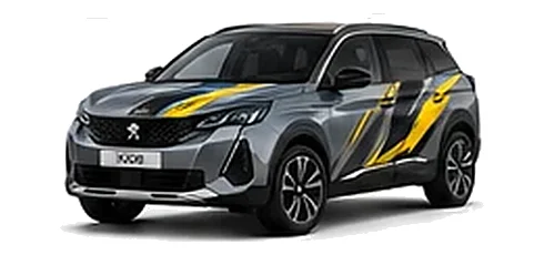 Peugeot 3008 in Selenium Grey with custom vinyl graphics, front three-quarter view.
