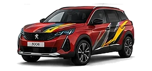 Peugeot 3008 in Elixir Red with custom vinyl graphics, front three-quarter view.