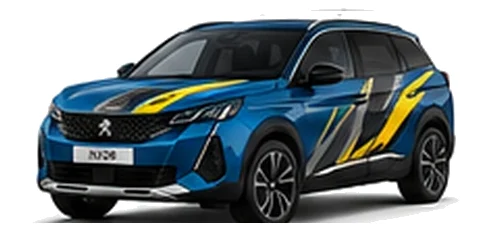 Peugeot 3008 in Lagoa Blue with custom vinyl graphics, front three-quarter view.