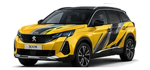 Peugeot 3008 in Agueda Yellow with custom vinyl graphics, front three-quarter view.