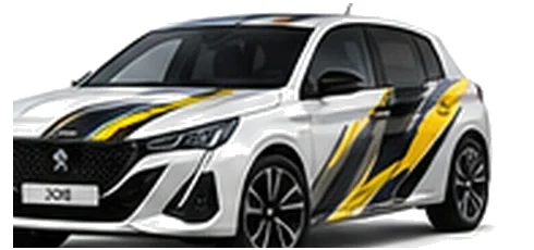 Peugeot 308 in Okenite White with custom vinyl graphics, front three-quarter view.