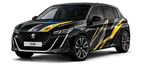 Peugeot 308 in Nera Black with Peugeot sport-inspired vinyl graphics, front three-quarter view on a white background.