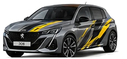 Peugeot 308 in Selenium Grey with custom vinyl graphics, front three-quarter view.