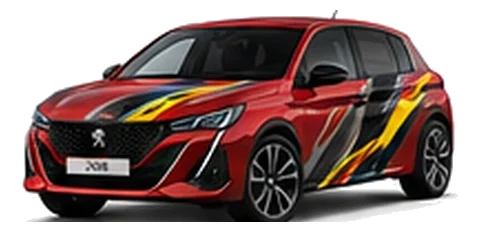 Peugeot 308 in Elixir Red with custom vinyl graphics, front three-quarter view.