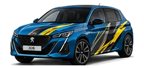 Peugeot 308 in Lagoa Blue with custom vinyl graphics, front three-quarter view.