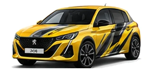 Peugeot 308 in Agueda Yellow with custom vinyl graphics, front three-quarter view.