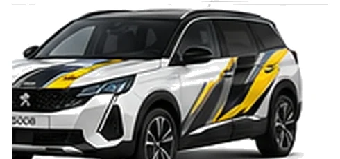 Peugeot 5008 in Okenite White with custom vinyl graphics, front three-quarter view.