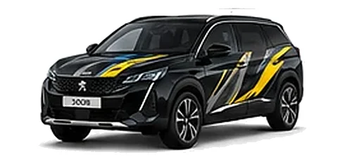 Peugeot 5008 in Nera Black with custom vinyl graphics, front three-quarter view.