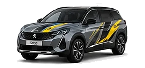 Peugeot 5008 in Selenium Grey with custom vinyl graphics, front three-quarter view.