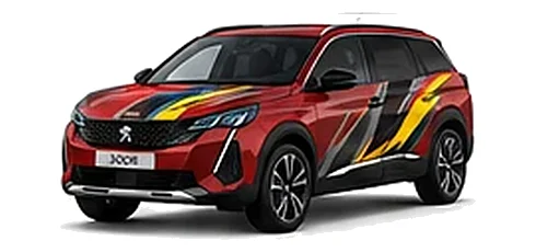 Peugeot 5008 in Elixir Red with custom vinyl graphics, front three-quarter view.