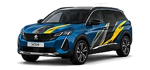 Peugeot 5008 in Lagoa Blue with custom vinyl graphics, front three-quarter view.