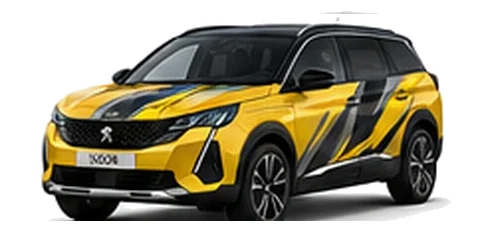 Peugeot 5008 in Agueda Yellow with custom vinyl graphics, front three-quarter view.