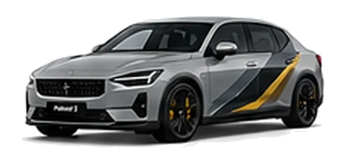 Polestar Polestar 2 in Magnesium with custom vinyl graphics, front three-quarter view.