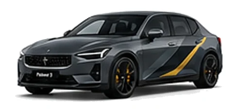 Polestar Polestar 2 in Thunder with custom vinyl graphics, front three-quarter view.