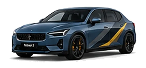 Polestar Polestar 2 in Space with custom vinyl graphics, front three-quarter view.