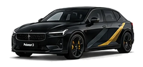 Polestar Polestar 2 in Midnight with custom vinyl graphics, front three-quarter view.