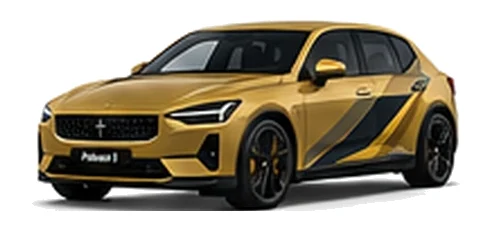 Polestar Polestar 2 in Jupiter with custom vinyl graphics, front three-quarter view.