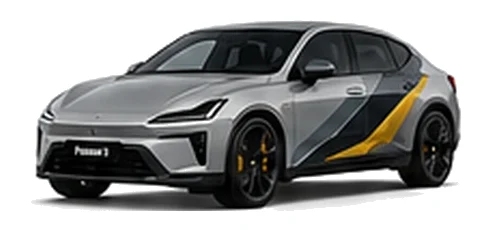 Polestar Polestar 4 in Magnesium with custom vinyl graphics, front three-quarter view.