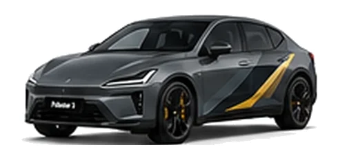 Polestar Polestar 4 in Thunder with custom vinyl graphics, front three-quarter view.