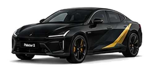 Polestar Polestar 5 in Midnight with custom vinyl graphics, front three-quarter view.