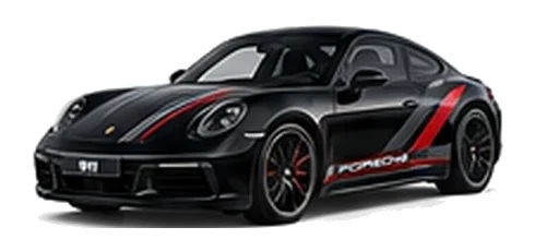 Porsche 911 in Jet Black Metallic with custom vinyl graphics, front three-quarter view.