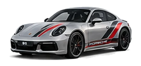 Porsche 911 in GT Silver Metallic with custom vinyl graphics, front three-quarter view.