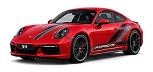 Porsche 911 in Guards Red with custom vinyl graphics, front three-quarter view.