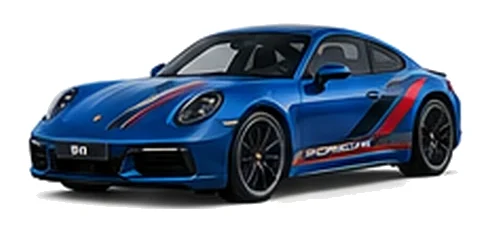 Porsche 911 in Gentian Blue Metallic with custom vinyl graphics, front three-quarter view.