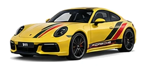 Porsche 911 in Racing Yellow with custom vinyl graphics, front three-quarter view.