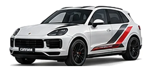 Porsche Cayenne in Carrara White with Porsche motorsport vinyl graphics, front three-quarter view on a white background.