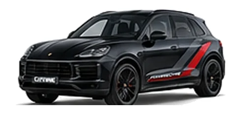 Porsche Cayenne in Jet Black Metallic with custom vinyl graphics, front three-quarter view.