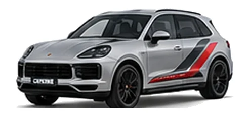 Porsche Cayenne in GT Silver Metallic with custom vinyl graphics, front three-quarter view.